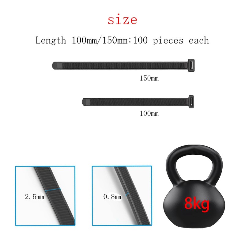 EzySup Assorted Cable Ties,Plastic Zip Ties,100/150/200/250mm,300 Pieces,Black