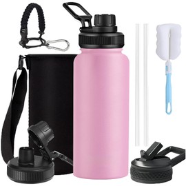 950ML Termo，Hisemy Termo de Acero Inoxidable sin BPA，Termo Agua(Dos Tapas),Botella Térmica，100% a Prueba de Fugas, Aislamiento de Doble Pared，para Agua Fría (24 horas) o Caliente (12 horas) rosa