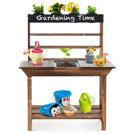 DORTALA Kids Potting Bench, Fir Wood Outdoor Mud Table with Removable Sink, 4 Pots, Chalkboard, Storage Shelves, Garden Kid Kitchen Playset, Mud Kitchen for Kids Outdoor