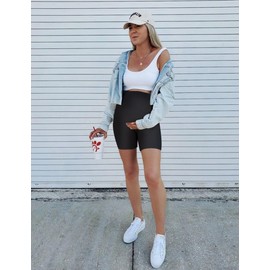 KIM S Summer Black Maternity Biker Shorts Yoga High Waist Active Wear Athletic Pregnancy Clothes Pants Leggings Shirts (Black 8" S)