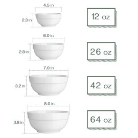 DOWAN Serving Bowls, 64/42/22/12 Oz Serving Dishes for Entertaining, Soft White Porcelain Nesting Bowls Set, Microwave & Dishwasher Safe, Versatile Prep Bowls for Fruit Salad Pasta Dessert Cereal