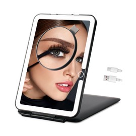 LUKYMIRO Rechargeable Travel Makeup Mirror with Lights, Portable Lighted Vanity 10X Magnification, 70 LEDs 3 Color Dimmable Touch Screen, Tabletop Folding Compact Cosmetic (Black)