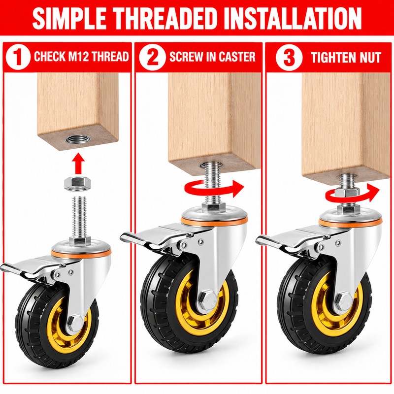 4 Inch Rubber Swivel Caster with Brake, M12 x 30