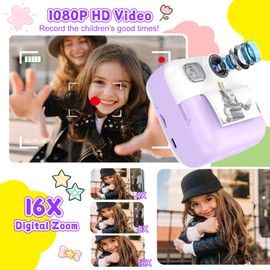 Dafotil Kids Camera Instant Print, Christmas Birthday Gifts for Girls Boys, Children Digital Camera with 32GB Card, 1080P Video Toddler Print Camera, Portable Kids Toys for Girls Age 3 4 5 6 7 8 9 10 Purple