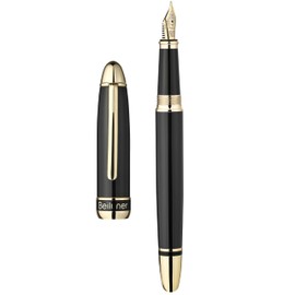 BEILUNER - Pluma estilográfica negra 315, impresionantes bolígrafos de lujo con detalles de oro de 24 quilates, hermosa punta dorada de 24 quilates (fina), convertidor de tinta, regalo elegante para
