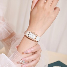 SINOBI Minimalist Causal Square Watch for Women Leather Strap Watch (White Gold)