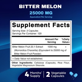 Vitamatic Bitter Melon 25:1 Extract, 25000mg Equivalent Strength Per Serving, 240 Vegetarian Capsules, and Concentrated 25X Potency 100% Vegetarian, All-Natural and Non-GMO