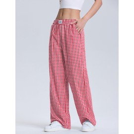 LOMON Women's Gingham Plaid Wide Leg Pants Cotton Boxers Pajama Lounge Pj Casual Trousers Y2K Beach Bottoms with Pockets (Red White Plaid, L)