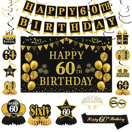 Trgowaul 60th Birthday Party Black Gold Men Women Decoration,60th Birthday Black Gold Banner, 60th Glasses Prop*1&60th Crown*1&60th Black Gold Shoulder Strap,Black Gold 60th Honeycomb Spiral Flag