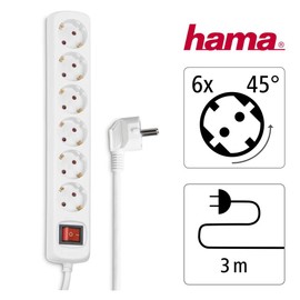 Hama Hama Steckdosenleiste 6-Fach (Mehrfachsteckdose mit 3m Kabel, inkl. Kippschalter, erh?hter Ber1hrungsschutz, Steckpl?tze um 45 Grad gedreht, Steckerleiste GS gepr1ft, max. 3500 W) wei?