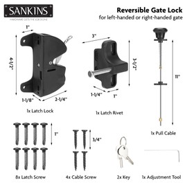 SANKINS Key Lockable Fence Gate Latch, 2 Sided Gate Lock Latch for Outdoor Fence, Keyed Fence Lock Latch with Spring Loaded Pull Cable, Fence Latch Gate Hardware for Wood, Vinyl, Metal Gates, Black