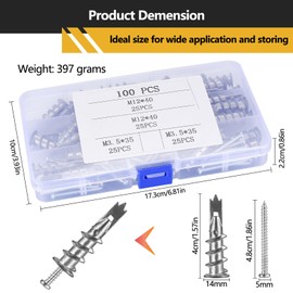 Pack of 100 Cavity Dowels, Self-Drilling Plasterboard Dowels, Metal with 50 Rounded Head Screws, for Mounting in Plasterboard, Plasterboard, Concrete, Bricks