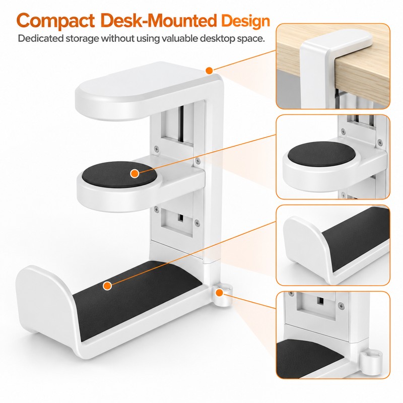 Rotating Headphone Holder for Desk – No-Punch Plastic Headset Hook