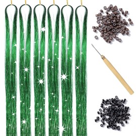 Green Hair Tinsel Kit with Tool 6pcs 1200 Strands Hair Tinsel Heat Resistant Fairy Hair Sparkling Shiny Glitter Tinsel Hair Extensions for Women Girls Kids 47Inch