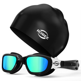 Robee Swim Goggles Silicone Swimming Cap and Carrying Case, Polarized Pool Goggles for Adult Men Women Youth