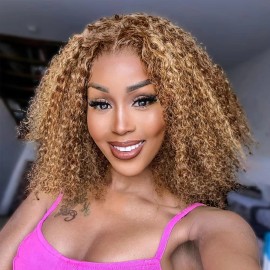 200 Density Highlight Curly Short Bob Wigs 4/27 Color 13x4 Lace Frontal Wigs Deep Wave Brazilian Human Hair Full Frontal Bob Wigstyle: Deep Wave, color: 4/27, stretched length: 14 in, Lace Size: 13x4