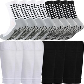 4 Set Soccer Grip Socks,Shin Guard Sleeves for Football Basketball for Men and Women Black/White One Size (4 Set (Black+White))