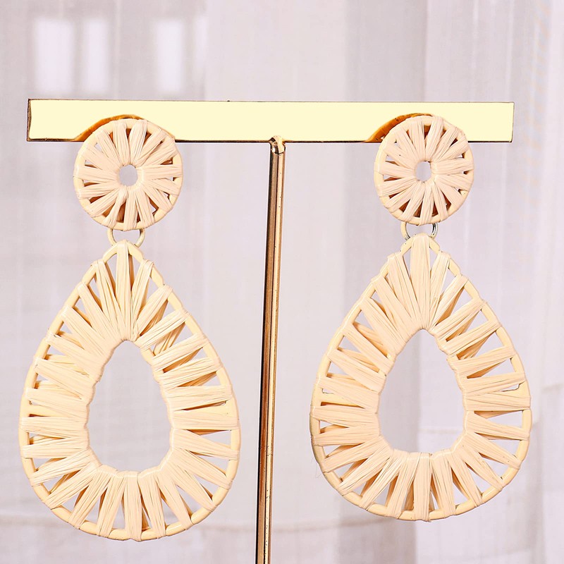 Boho Raffia Earrings Statement Teardrop Earrings Drop Dangle Bohemian Earrings(Nature)