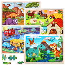 Wooden Jigsaw Puzzles for Kids 3 4 5 6 7 8 Year Olds, 4x60 Piece Dinosaur Farm Car Jigsaw Puzzles, Children Puzzle Age 4-6 Boys Girls