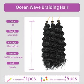 Ocean Wave Crochet Hair 18 Inch 3 Packs Deep Wave Braiding Hair Curl Crochet Synthetic Braids Hair Extension for Women (1B#, 18 Inch 3 Packs)