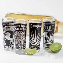 MEXTEQUIL Handcrafted Mexican Shot Glass Set (4 pc) w/Repousse Aluminum Plaque (Jimador)