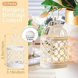 Vesici Paquete de 12 Pequeña Luz de Té de Metal Linterna Colgante de Jaula de Pájaros Centros de Mesa Decorativos Vintage Candelabro de Sobremesa Linterna de Velas para Regalos de Boda (Blanco)