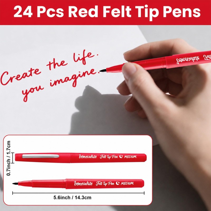 Bornerwhite 24 Pcs Red Felt Tip Pens 0.7mm Medium Point
