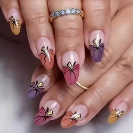 Fall Press on Nails Short Almond False Nails Pink Glossy Designs Pumpkin French Nails Sparkly Thanksgiving Acrylic Nails Full Cover Glue on Nails for Women Autumn Manicure 24 Pcs