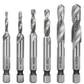 Hymnorq 6-Piece Combination Tap and Drill Bit Set – High-Speed Steel, Dual Twist Flute, Integrated 1/4" Hex Shank, 118 Degree Split Point, Includes M3, M4, M5, M6, M8 and M10