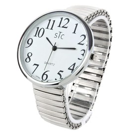 STC Silver Super Large White Face Case Size 43mm Extra Large Stretch Band Easy to Read Watch, Silver, Casual