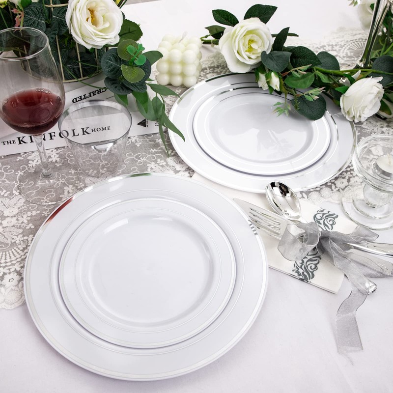 bUCLA 350PCS Silver Plastic Dinnerware Set for 50 Guests -