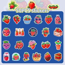 50 Pcs Cute Strawberry Sticker Pack for Girls and Boys, Cartoon Strawberry Reward Sticker, Funny Red Strawberry Fruits Vinyl Decals and Stickers for Water Bottle Scrapbook Journal Computer