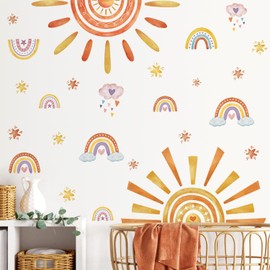 RAINBOW WSK Boho Sun Wall Decals Watercolor Sunshine Rainbow Wall Stickers Yellow Star Half Sun Wall Decor for Kids Removable Peel and Stick Wall Mural Art for Baby Bedroom Nursery Classroom MS6243-ZY