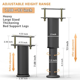 Hangjiatool 6 Pcs Adjustable Height Bed Frame Support Legs,Thickening and Enlargement Heavy Duty Metal Support Leg for Bed Frame/Bed Center Slats(7.1"-13")
