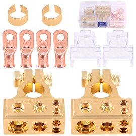 Glarks 8Pcs Gold Car Battery Terminal Connectors Kit 4Pcs Copper Wire Ring lugs and 2Pcs 0/2/4/8/10 Gauge Negative Positive Battery Terminals with Shims and Covers for Car, Vehicle, RV and Boat Use