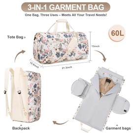 Convertible Travel Garment Bag with Backpack Strap, 3 in 1 Carry on Garment Duffle Bag, Garment Bags for Travel with Shoe Compartment USB Charging Port, Hanging Dress Suit Travel Bag for Women