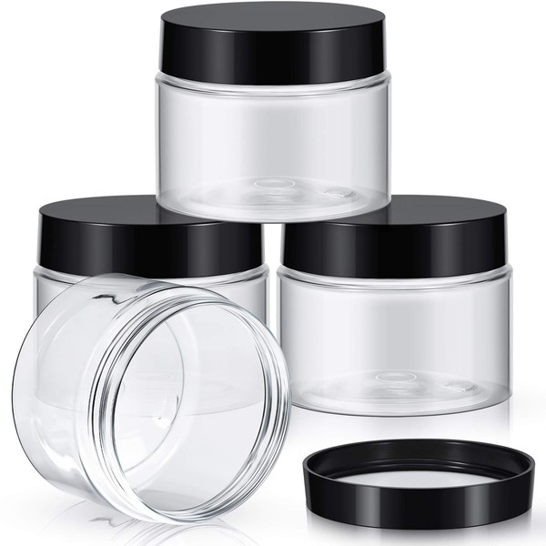 4 Pieces Round Clear Wide Neck Leakproof Plastic Container Jars with Lids for Travel Storage Makeup Beauty Products Face Cream Oils Ointments DIY (6 oz, Black)