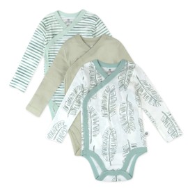 HonestBaby 3-Pack Organic Cotton Long Sleeve Side-Snap Kimono Onesies Bodysuits, Jumbo Leaf Sage, 3-6 Months