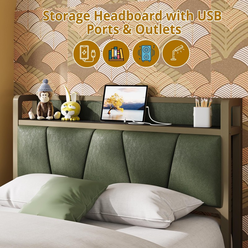 LIKIMIO Twin XL Bed Frame, Storage Headboard with Charging Station,