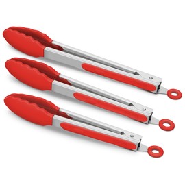 3 Pack Red Kitchen Tongs, Premium Silicone BPA Free Non-Stick Stainless Steel BBQ Cooking Grilling Locking Food Tongs, 9-Inch 10-Inch & 12-Inch