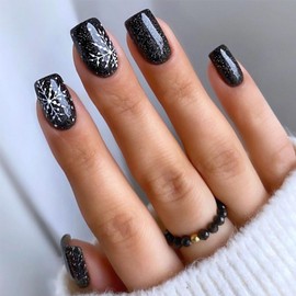 Snowflake Press on Nails Medium Square Christmas Black Fake Nails Christmas Nails Press ons Full Cover Glossy Artificial Nails Acrylic Nails Winter Stick on Nails Xmas Glue on Nails for Women 24 Pcs