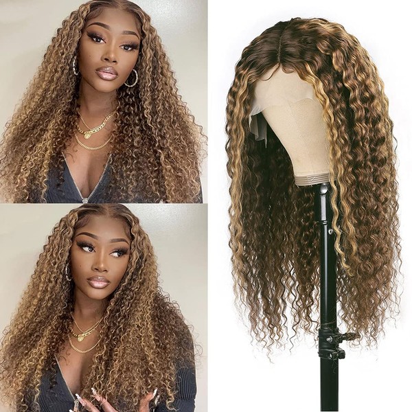 Curly Lace Wigs Real Virgin Human Hair 13X4X1 T Shape Swiss Lace Middle Part Wavy Wig 150% Density Glueless Water Wave Ombre Highlights Wig With Dark Roots 18 Inch