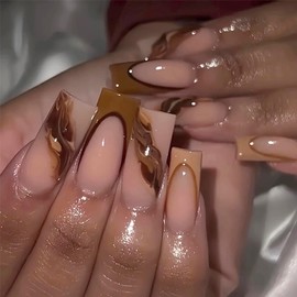 French Press On Nails Coffin Fake Nails Brown Marble Sticky Nails Glossy Artificial Acrylic Nails Kit Cute Nails Reusable Full Cover Acrylic Stick On Nails Press On Nails For Women