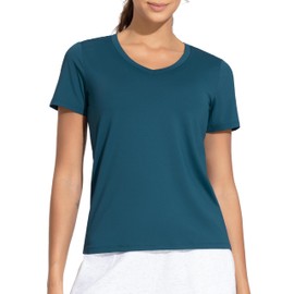 THE GYM PEOPLE Women's V-Neck Workout Shirts Short Sleeve Breathable Basic Yoga Athletic T-Shirts Dark Blue Green