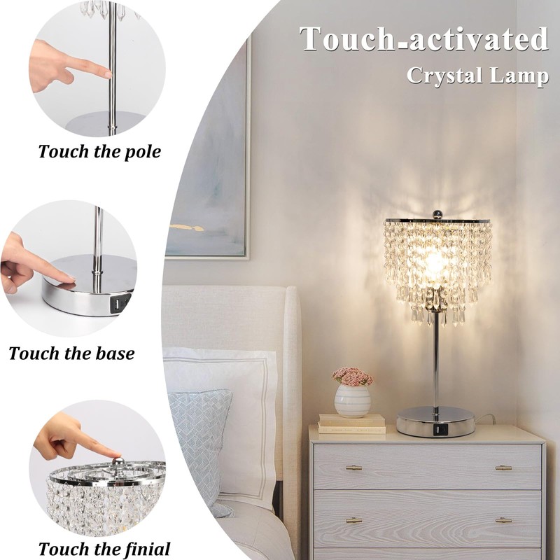 Touch Control Crystal Table Lamp with USB C+A Charging Ports,