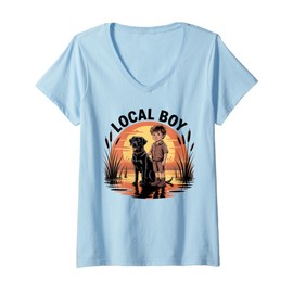 Womens Local Boy Black Lab Marsh Scene Sunset Vintage Country V-Neck T-Shirt