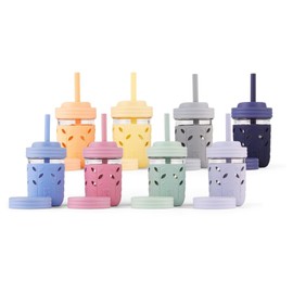 Elk and Friends Kids + Toddler Glass Cups | The Original 8oz Glass Mason Jar with Sleeves + Lids | Silicone Straws + Stopper | Smoothie Cup | Food Storage | Spill Resistant | Dishwasher Safe | 8 Pack