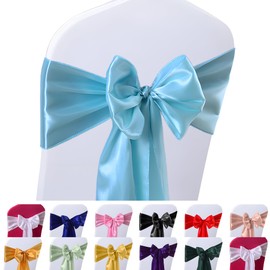 Vibera 50 PCS Baby Blue Satin Chair Sashes for Wedding Chair Bows Sashes Chair Ties Chair Cover Sashes for Folding Chairs for Thanksgiving Party Home Decorations（Baby Blue 7 x 108 inch）