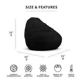 Big Joe Lotus Foam Filled Teardrop Bean Bag Chair with Removable Cover, Black Plush, Soft Polyester, 4 feet Big