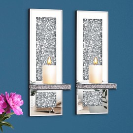 Crystal Crushed Diamond Mirrored Candle Sconces Set of 2, Glam Silver Wall Candle Holders for Living Room Bedroom Hallway Decor Large Wall Mounted Mirror Candle Holder with Sparkly Crystal Shelf